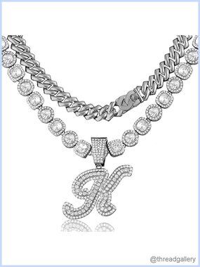 Cuban Link Chain Necklace Set 14mm Cursive Initial Pendant 16" Tennis Chain